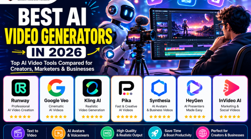 Comparison of the best AI video generators in 2026 featuring Runway, Google Veo, Kling AI, Pika, Synthesia, Luma AI, HeyGen, InVideo AI, Adobe Firefly, and Hailuo AI.