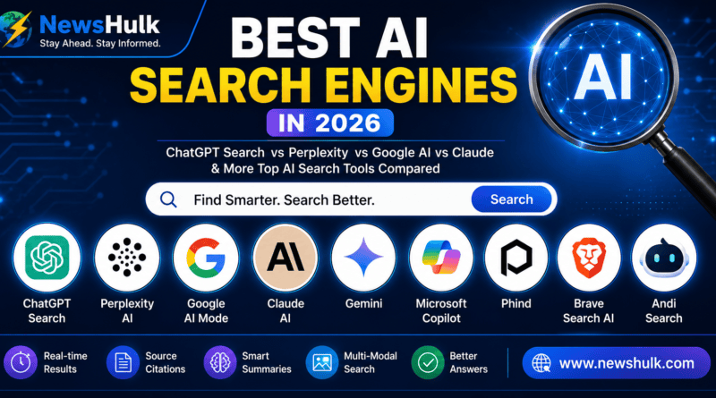 Best AI Search Engines in 2026 comparing ChatGPT Search, Perplexity AI, Google AI Mode, Claude AI, Gemini, Microsoft Copilot, Phind, Brave Search AI and Andi Search.