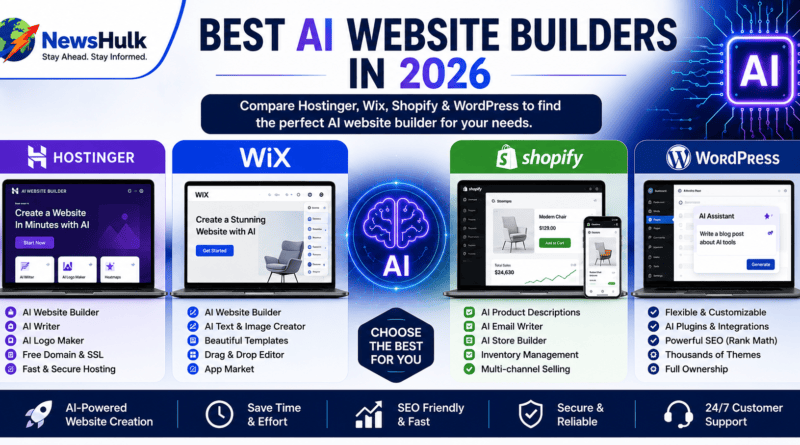 Best AI Website Builders in 2026 comparison featuring Hostinger, Wix, Shopify and WordPress