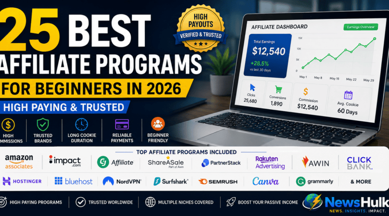 25 Best Affiliate Programs for Beginners in 2026 featuring top affiliate networks like Amazon Associates, Hostinger, CJ Affiliate, ShareASale, Impact, and PartnerStack