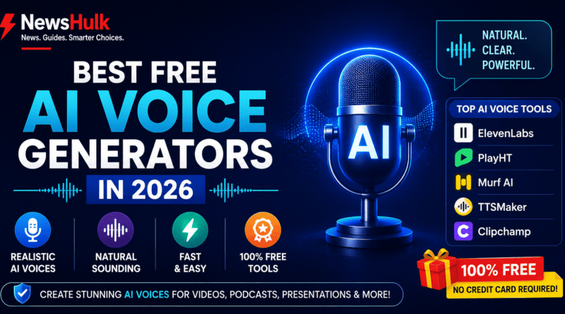 Best Free AI Voice Generators in 2026 comparison featuring ElevenLabs, Murf AI, PlayHT, Speechify, LOVO AI, Amazon Polly, Microsoft Azure AI Speech, and Google Cloud Text-to-Speech.