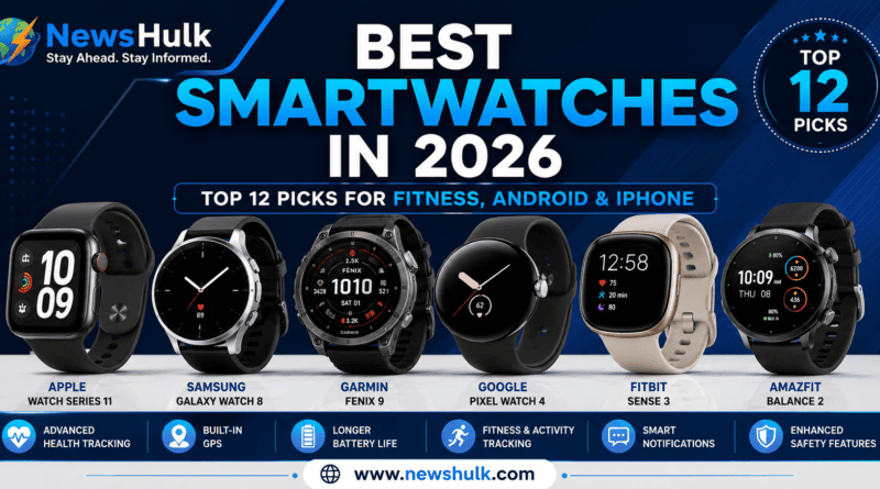 Best Smartwatches in 2026 featuring Apple Watch Series 11, Samsung Galaxy Watch 8, Garmin Fenix 9, Google Pixel Watch 4, Fitbit Sense 3, and Amazfit Balance 2 comparison.