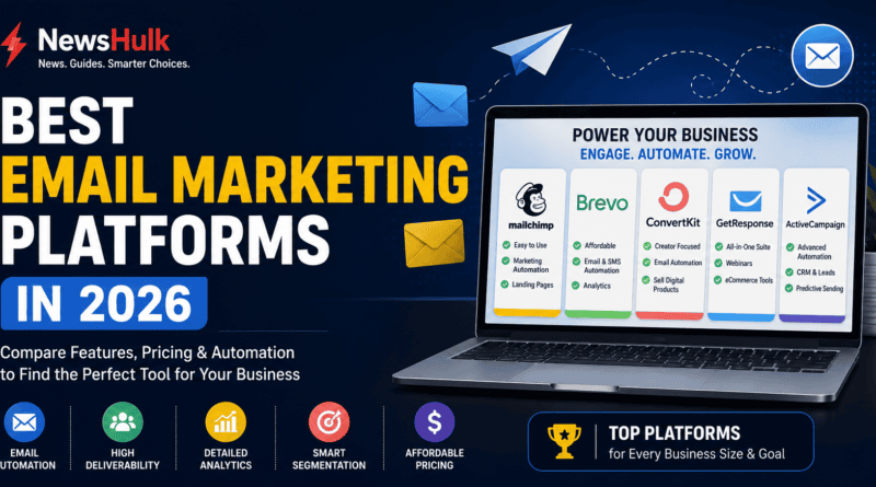 Best Email Marketing Platforms in 2026 comparing Mailchimp, Brevo, ConvertKit, GetResponse, and ActiveCampaign with NewsHulk