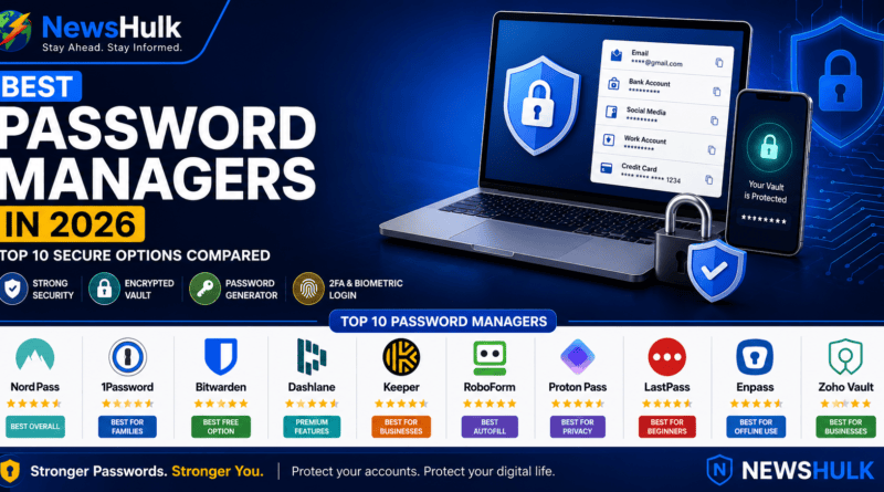 Best Password Managers 2026 comparing NordPass, Bitwarden, 1Password, Dashlane, and Keeper