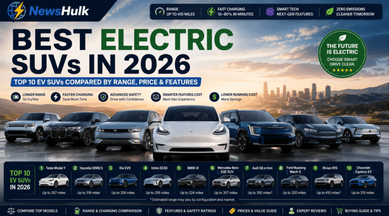 Best Electric SUVs 2026 comparison of Tesla Model Y, Hyundai IONIQ 5, Kia EV9, BMW iX, Rivian R1S and other top EV SUVs