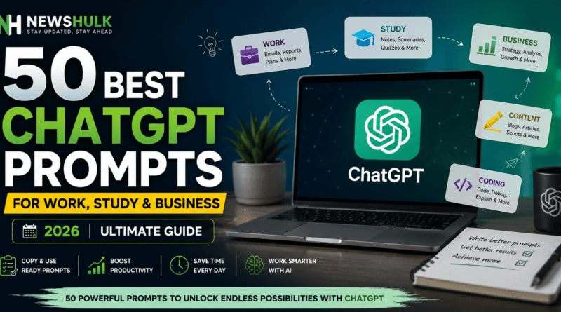 50 Best ChatGPT Prompts for Work, Study & Business (2026) featured image with NewsHulk branding