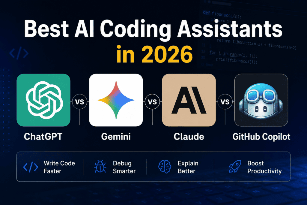Comparison of the best AI coding assistants in 2026 including ChatGPT, Gemini, Claude, and GitHub Copilot