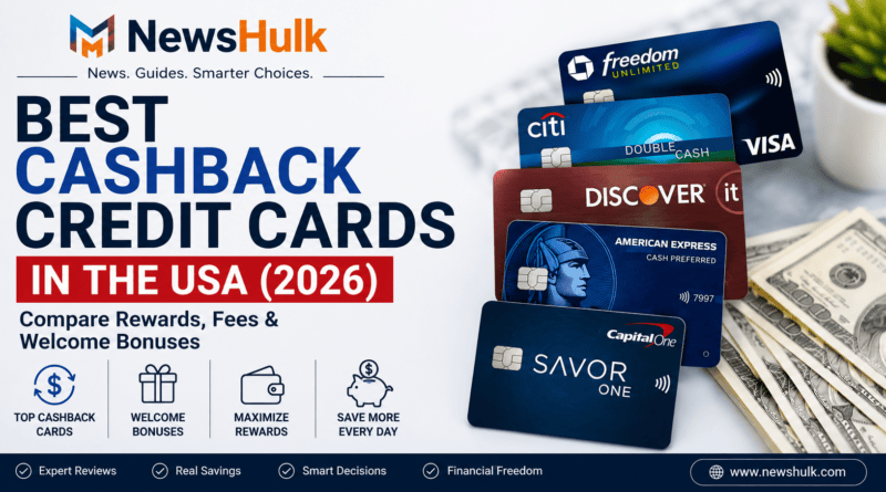 Best Cashback Credit Cards in the USA (2026) comparison featuring top cashback rewards, annual fees, welcome bonuses, and NewsHulk finance guide.