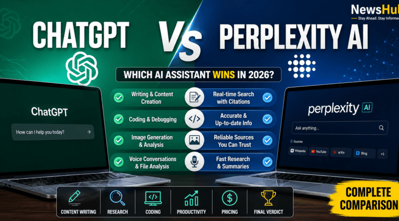ChatGPT vs Perplexity AI comparison showing features, research capabilities, writing tools, and pricing in 2026.
