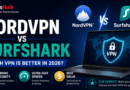 NordVPN vs Surfshark comparison featured image for 2026 showing VPN features, security comparison, and NewsHulk branding