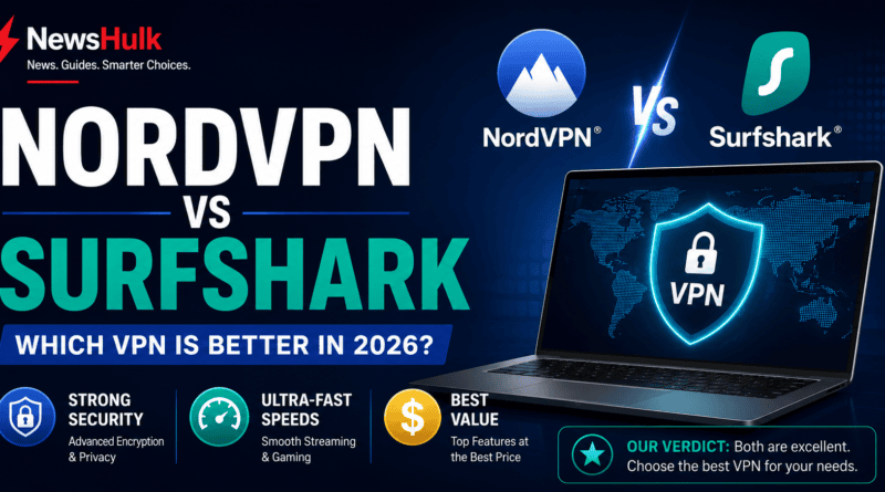 NordVPN vs Surfshark comparison featured image for 2026 showing VPN features, security comparison, and NewsHulk branding