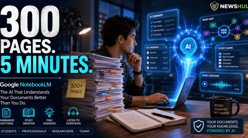 Google NotebookLM AI analyzing hundreds of pages and generating smart summaries for students, professionals, and researchers